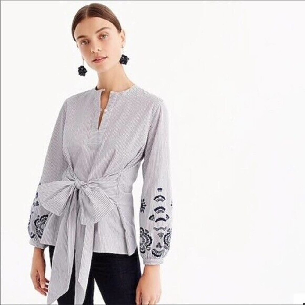 J Crew | Embroidered Tie Front Tunic Top Womens S White Striped Long Sleeves